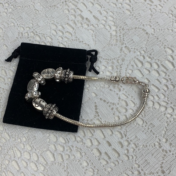 Silver Charm Snake Bracelet 8 charms Mom Baby feet Rhinestones Hook Clasp 8” - Picture 2 of 10